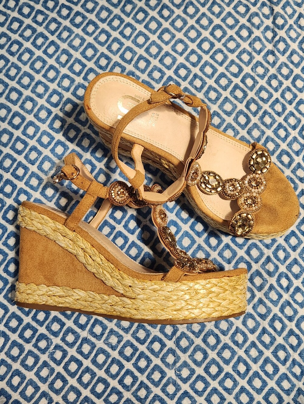 Gold&Gold Genuine Leather Bejeweled Wedges- EU Size 38